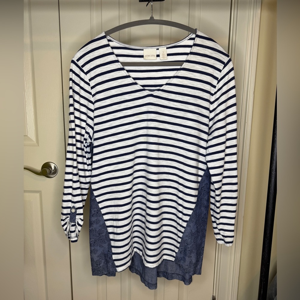 Chico’s Striped V-Neck Top with Blue Accents women size large